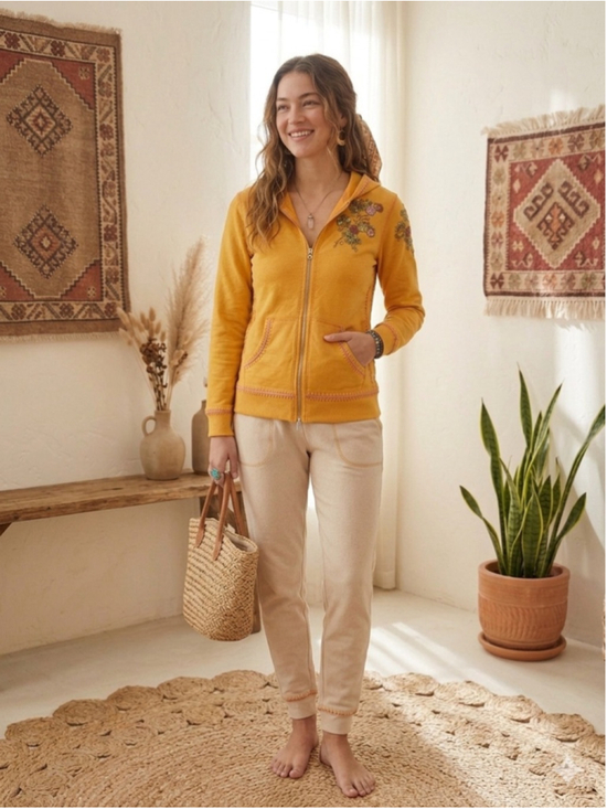 Twisted Heart Tops - Twisted Heart America Yellow Beaded Embroidered Hoodie Boho Stitch Y2K